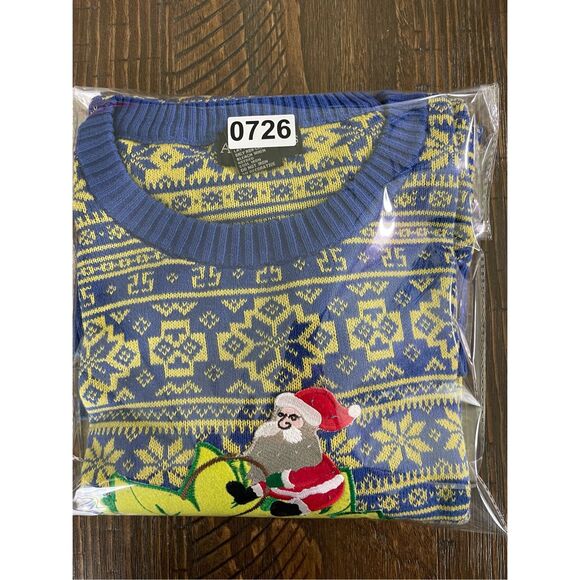 Mens Ugly Christmas Sweater L Blue Yellow Santa Dinosaur Knit Funny Holiday - Picture 9 of 9